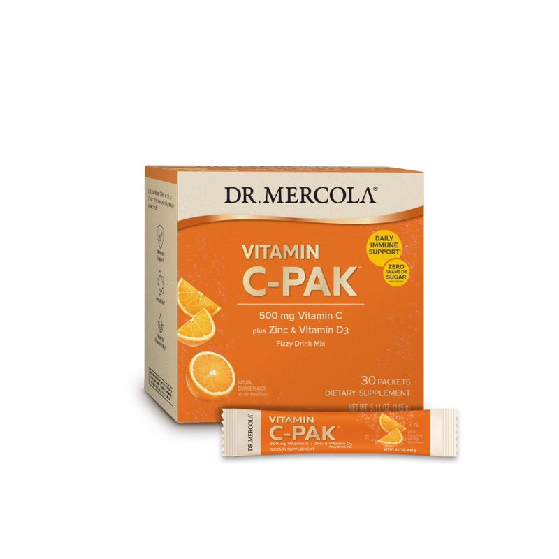 Dr. Mercola Vitamin C-PAK, 30 Servings (30 Packets), Fizzy Drink Mix, 500 mg Vitamin C, with Zinc and Vitamin D3, Natural Orange Flavor, Dietary Supplement, Supports Healthy Immune Function, Non-GMO - Image 1